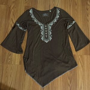 Panhandle Western Brown Embroidered Women's 3/4 Sleeve Top Size‎ S Y2k Tribal